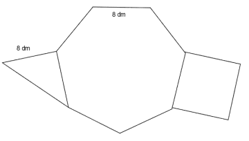 Figuren består av en regulær 7-kant i midten, med sidelengde 8 dm. Festet til en av kantene på høyre side er et kvadrat, og festet til en av kantene på motsatt side er det en likebeint, rettvinklet trekant (dvs. begge katetene har lengde 8 dm).
